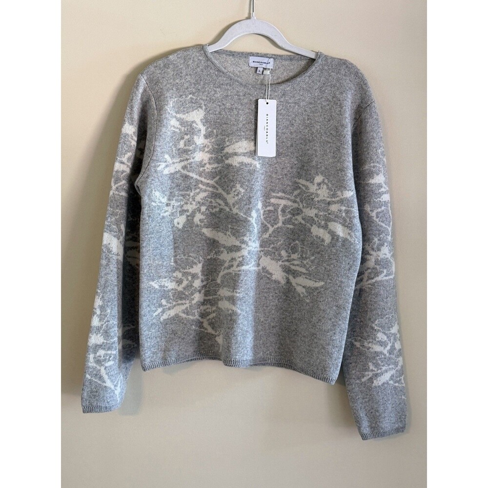 Bianco & Blu Sweater Womens Large Gray Floral Merino Wool Cashmere Blend Italy